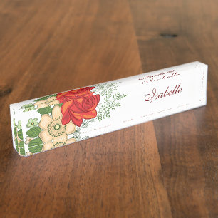 Rote Rose und personalisierter Name mit Gänseblümc Namensplakette