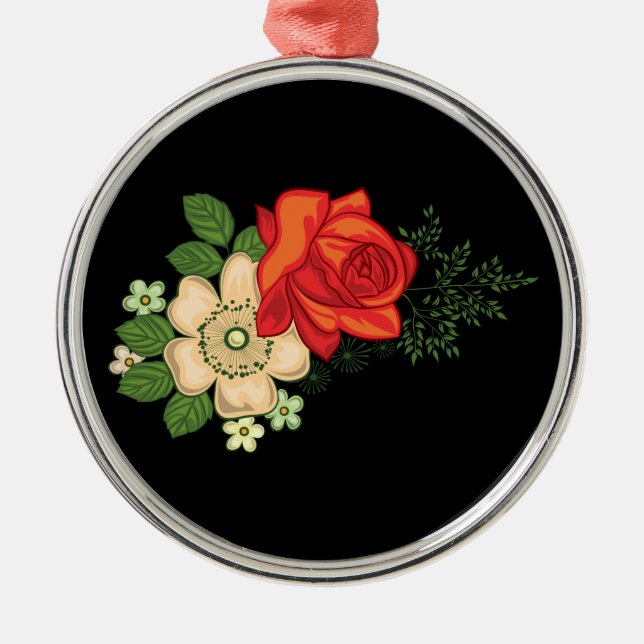 Rote Rose und schwarzer Hintergrund Ornament Aus Metall (Vorne)