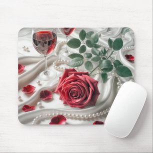 Rote Rose und Wein auf weißem Satin Mousepad