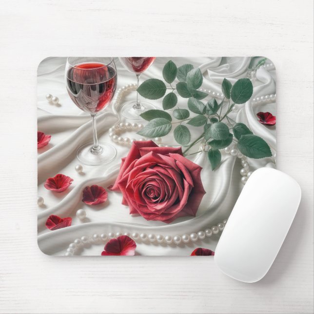 Rote Rose und Wein auf weißem Satin Mousepad (Mit Mouse)