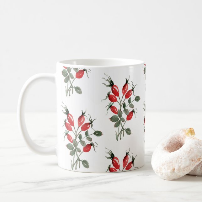 Rote Rose Wasserfarbe Hüfte Berries Muster Kaffeetasse (Mit Donut)