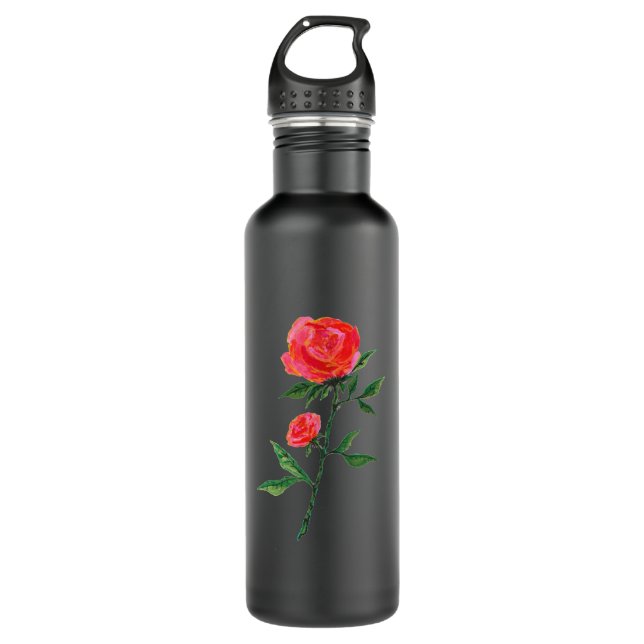 Rote Rose Wasserfarbe Schwarz Edelstahlflasche (Vorderseite)