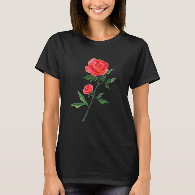 Rote Rose Wasserfarbe Schwarz T-Shirt (Vorderseite)