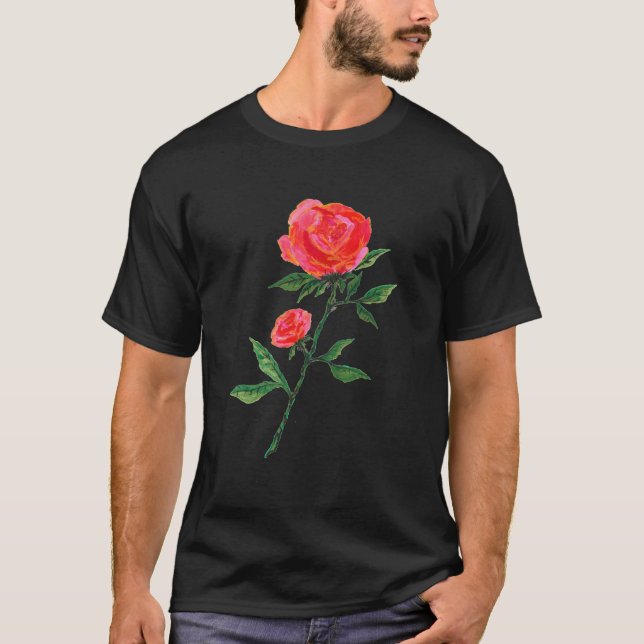 Rote Rose Wasserfarbe Schwarz T-Shirt (Vorderseite)