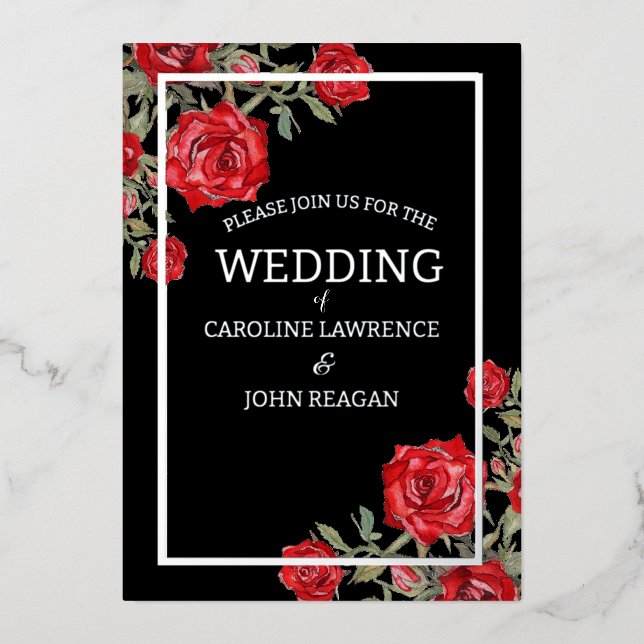 Rote Rose Wasserfarbenblütenhochzeit Folieneinladung (Vorderseite)