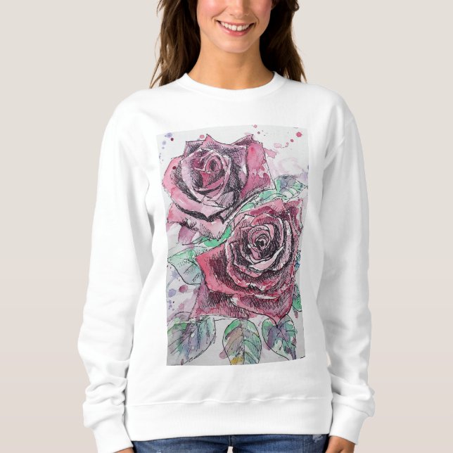 Rote Rose Wasserfarbene Blume Blumenbemalung Sweatshirt (Vorderseite)