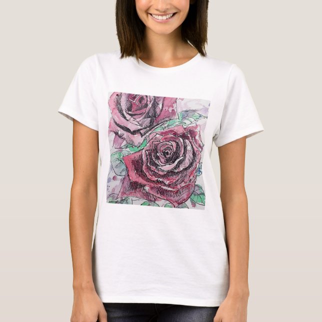 Rote Rose Wasserfarbene Blume Blumenbemalung T-Shirt (Vorderseite)