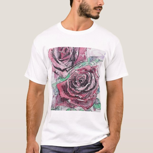 Rote Rose Wasserfarbene Blume Blumenbemalung T-Shirt (Vorderseite)