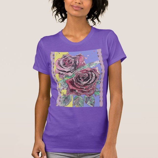 Rote Rose Wasserfarbene Blume Blumenbemalung T-Shirt (Vorderseite)