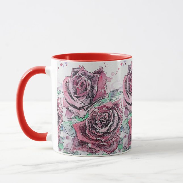 Rote Rose Wasserfarbene Blume Blumenbemalung Tasse (Links)