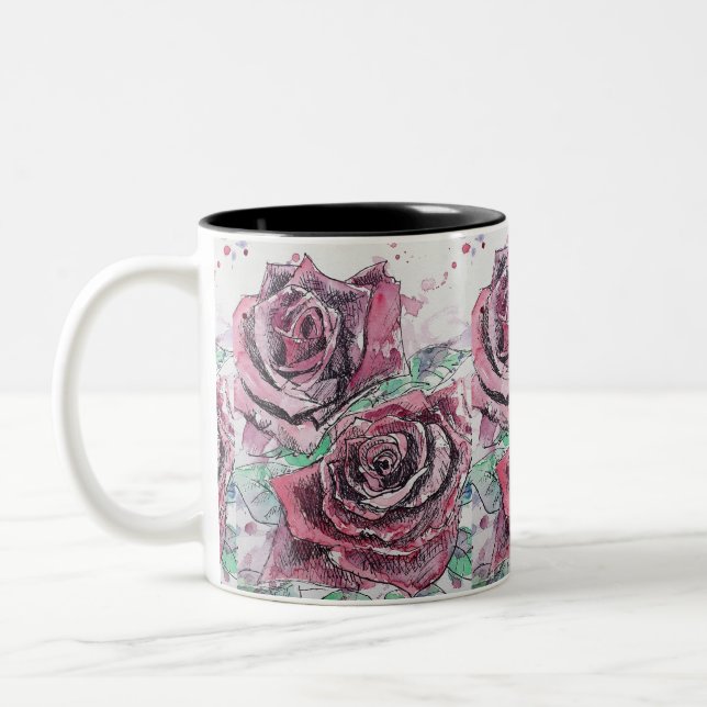 Rote Rose Wasserfarbene Blume Blumenbemalung Zweifarbige Tasse (Links)