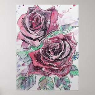 Rote Rose Wasserfarbene Rose Poster