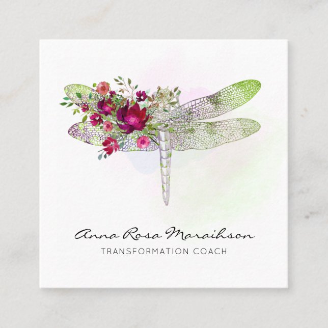 *~* Rote Rose Wasserfarbenprägung Minze Dragonfly Quadratische Visitenkarte (Vorderseite)