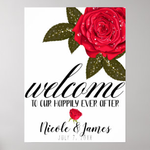 Rote Rose Wassertaubentropfen Hochzeitsempfang Poster