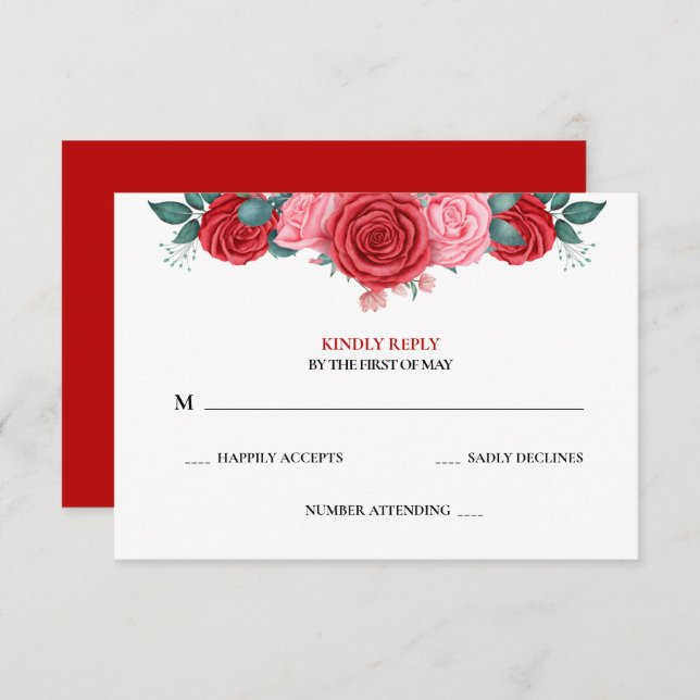 Rote Rose Watercolor Hochzeit RSVP Karte (Vorne/Hinten)