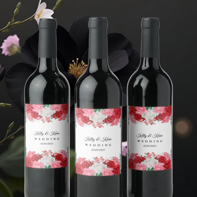 Rote Rose Watercolor Hochzeit Weinetikett (Von Creator hochgeladen)