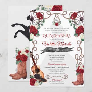 Rote Rose Western Quinceañera Elegante Charra Einladung