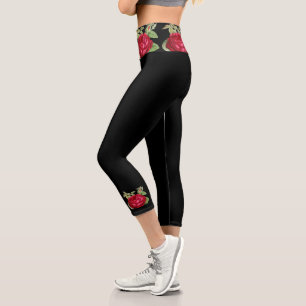 Rote Rose zu Schwarzer Flora Capri Leggings