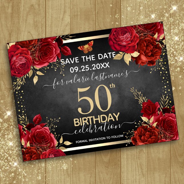 Rote Rosen 50. Geburtstag Save the Date Postkarte (Von Creator hochgeladen)