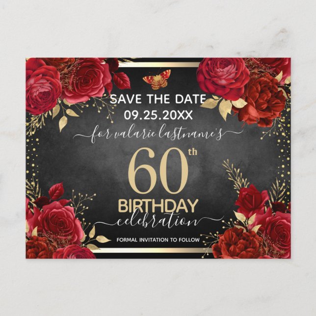 Rote Rosen 60. Geburtstag Save the Date Postkarte (Vorderseite)