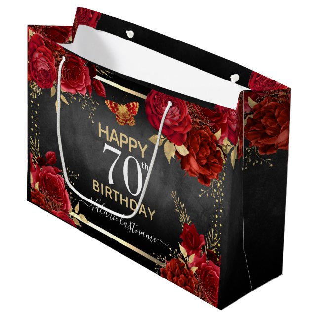 Rote Rosen 70. Geburtstag Große Geschenktasche Geschenktüte (Vorderseite Schrägansicht)