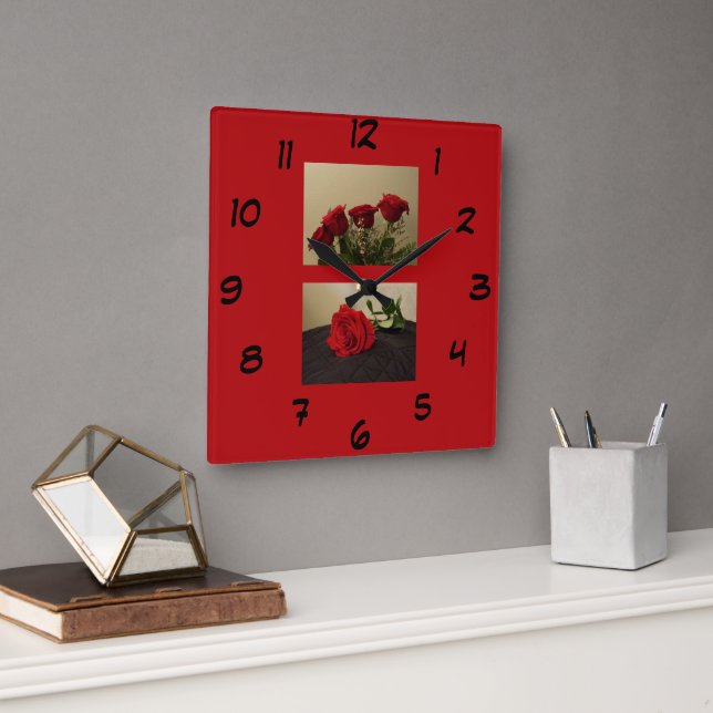 Rote Rosen Akrylsäulen Quadratische Wanduhr (Büro)