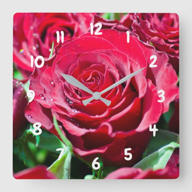 Rote Rosen Akrylsäulen Quadratische Wanduhr (Vorderseite)