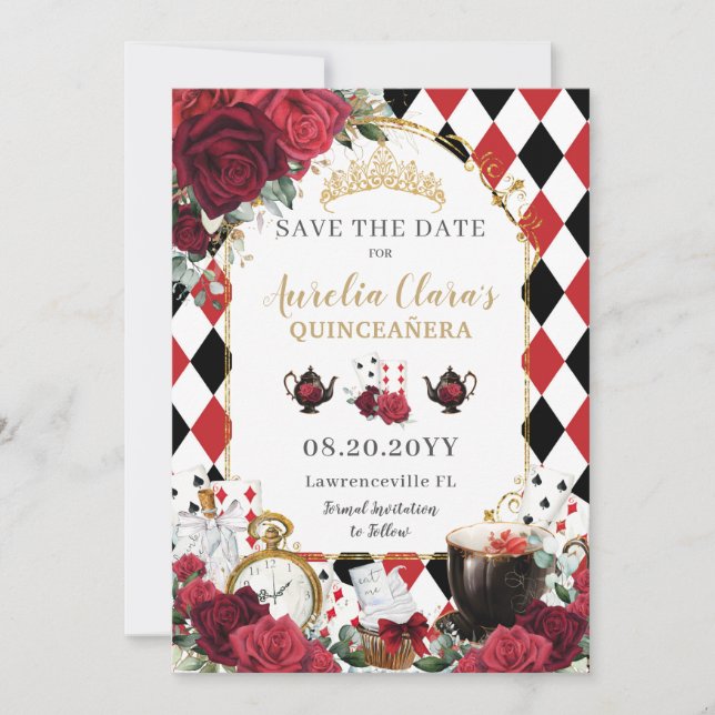 Rote Rosen Alice im Wunderland Quinceañera Save The Date (Vorderseite)