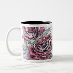 Rote Rosen Aquarell Blumen Florale Malerei Zweifarbige Tasse