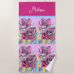 Rote Rosen-Aquarell-Blumen Rosa Florale Malerei Strandtuch
