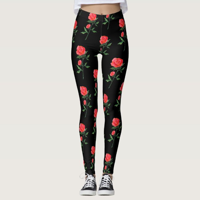 rote Rosen Aquarellmuster Leggings (Vorderseite)