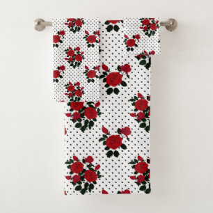 Rote Rosen auf einem Polka Dot Hintergrund. Badhandtuch Set