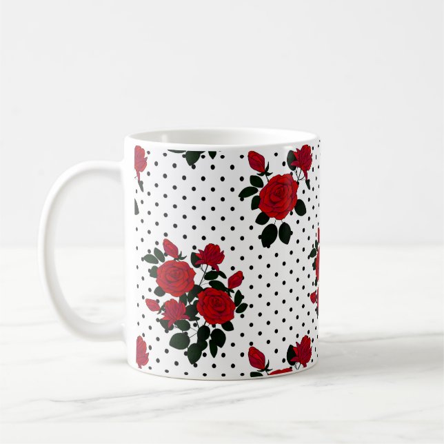 Rote Rosen auf einem Polka Dot Hintergrund. Kaffeetasse (Links)