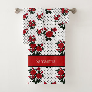 Rote Rosen auf einem Polka Punkt Hintergrund. Bade Badhandtuch Set