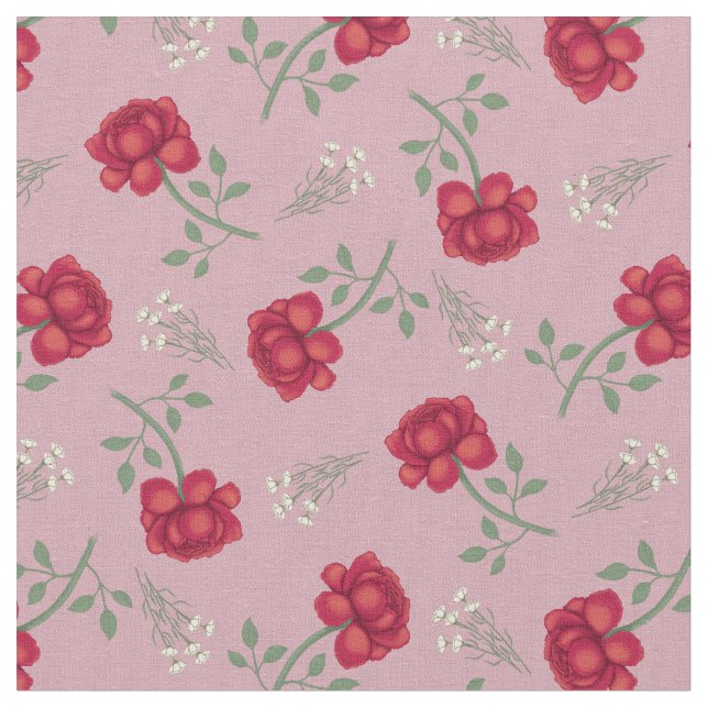 Rote Rosen auf Pink Calico Stoff (Nahaufnahme)