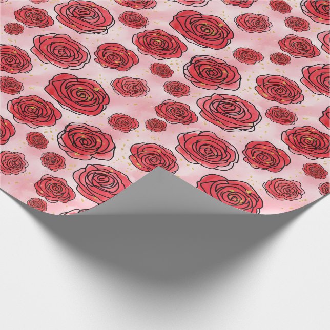 Rote Rosen auf rosa Wasserfarbenmuster Geschenkpapier (Ecke)