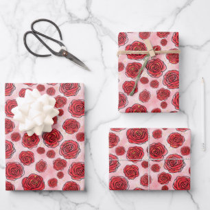 Rote Rosen auf rosa Wasserfarbenmuster Geschenkpapier Set