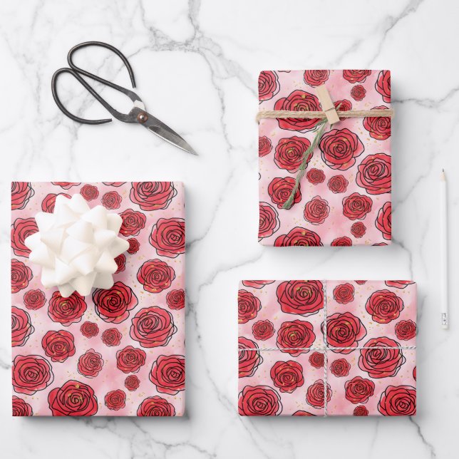 Rote Rosen auf rosa Wasserfarbenmuster Geschenkpapier Set (Vorderseite)