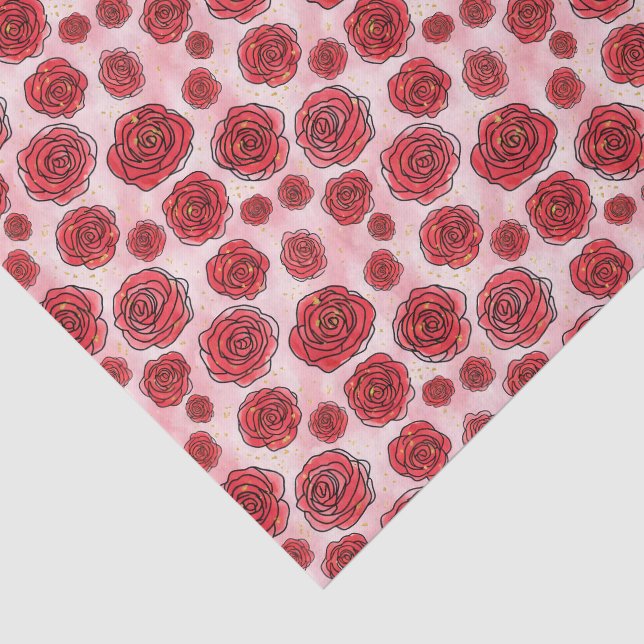 Rote Rosen auf rosa Wasserfarbmuster Seidenpapier (Ausschnitt)