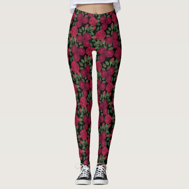 Rote Rosen auf schwarz. Leggings (Vorderseite)