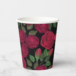 Rote Rosen auf schwarz. Pappbecher