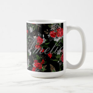 Rote Rosen auf schwarzem Hintergrund Muster,vintag Kaffeetasse
