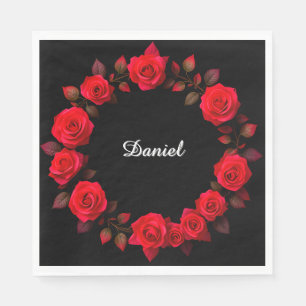 Rote Rosen auf schwarzer eleganter Blumendeko für  Serviette