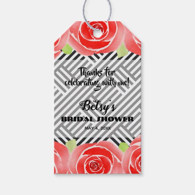 Rote Rosen auf Streifen Derby-Brautparty Geschenkanhänger (Vorderseite)