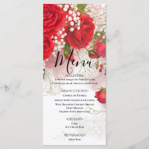 Rote Rosen & Babyatmung Elegante Florale Hochzeit Menükarte