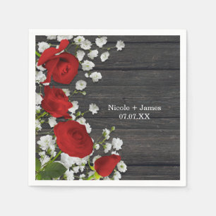 Rote Rosen & Baby's Breath auf Holz Junggesellinne Serviette