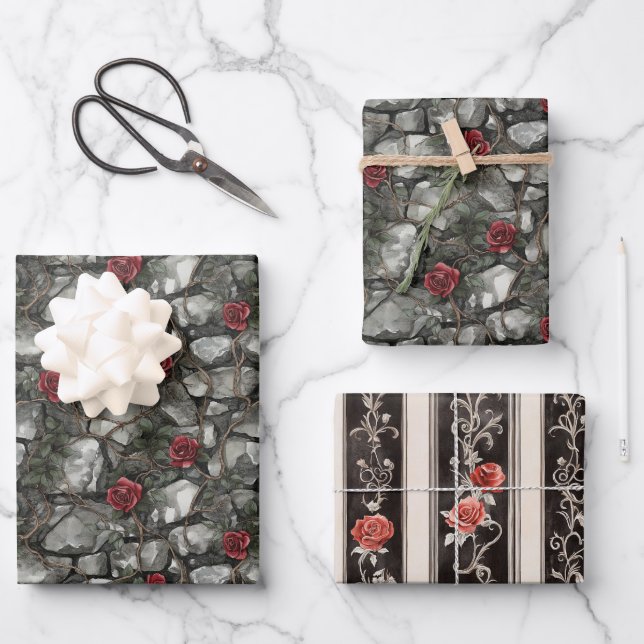 Rote Rosen Backsteine Hochzeit Geschenkpapier Set (Vorderseite)