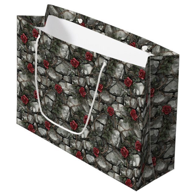 Rote Rosen Backsteine Hochzeit Große Geschenktüte (Vorderseite Schrägansicht)