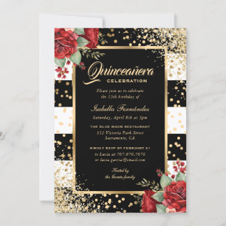 Rote Rosen Black Gold Confetti Floral Quinceañera Einladung