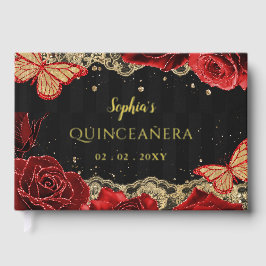 Rote Rosen Black Gold Lace Butterfly Quinceañera Gästebuch